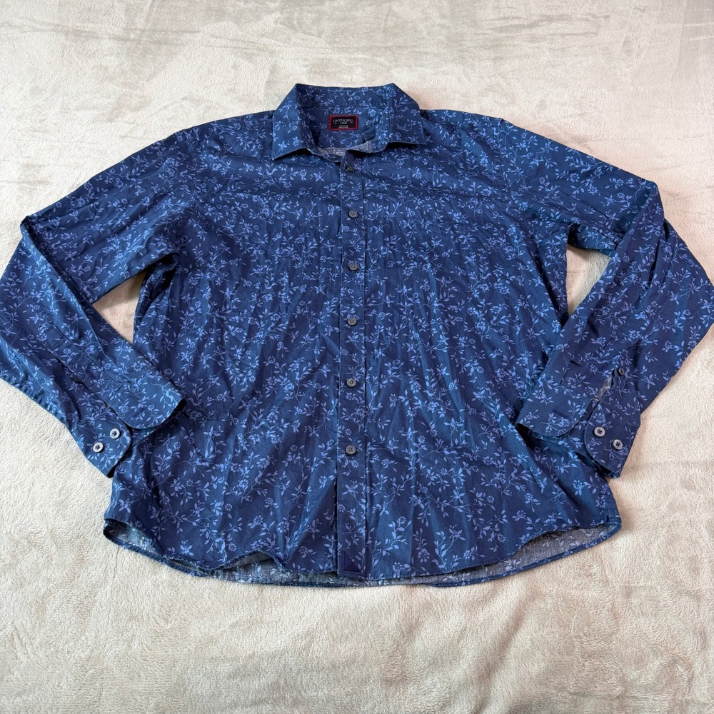 UNTUCKit Tinazzi Mens Large Navy Blue Floral Leaf Print Cotton Button Down Shirt